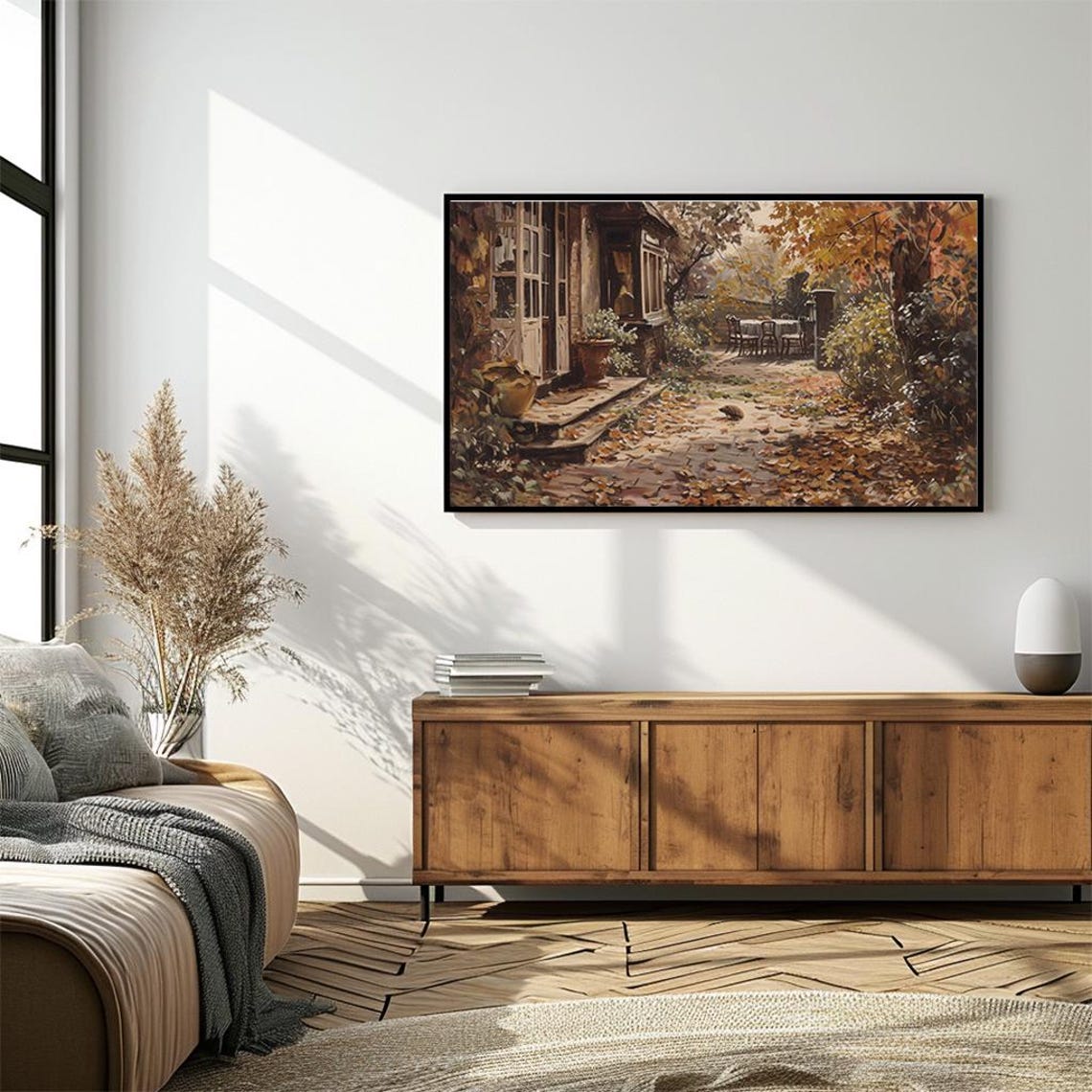 Cozy Autumn Patio Scene with Hedgehog Rustic Fall Garden Poster - Image 4