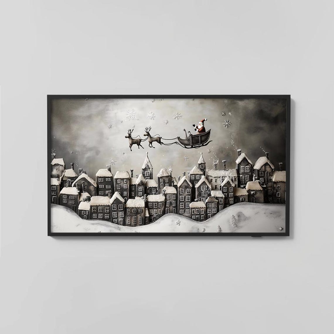 Santa Sleigh Flying Over Snowy Village Whimsical Night Art Poster - Image 2