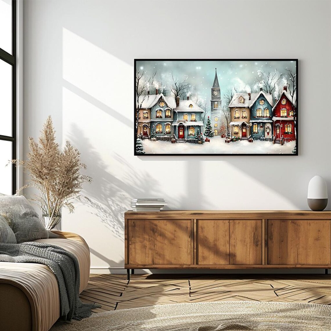 Snowy Christmas Village Street Clock Tower Watercolor Poster - Image 4