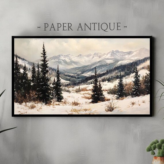 Snow Covered Mountain Valley Pine Trees Winter Scene Art Poster