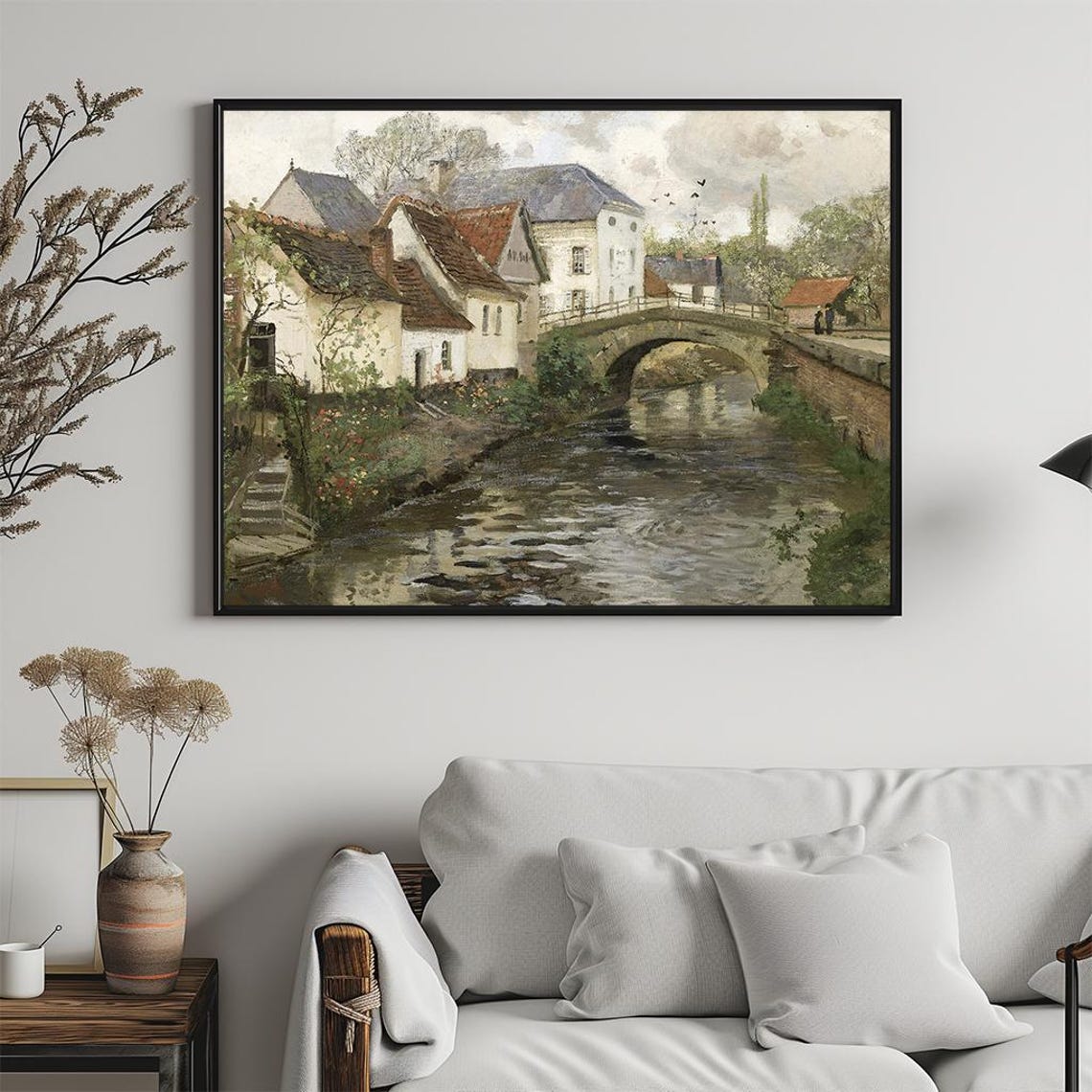 Charming Village Stone Bridge River Cottages Vintage Painting Poster - Image 5
