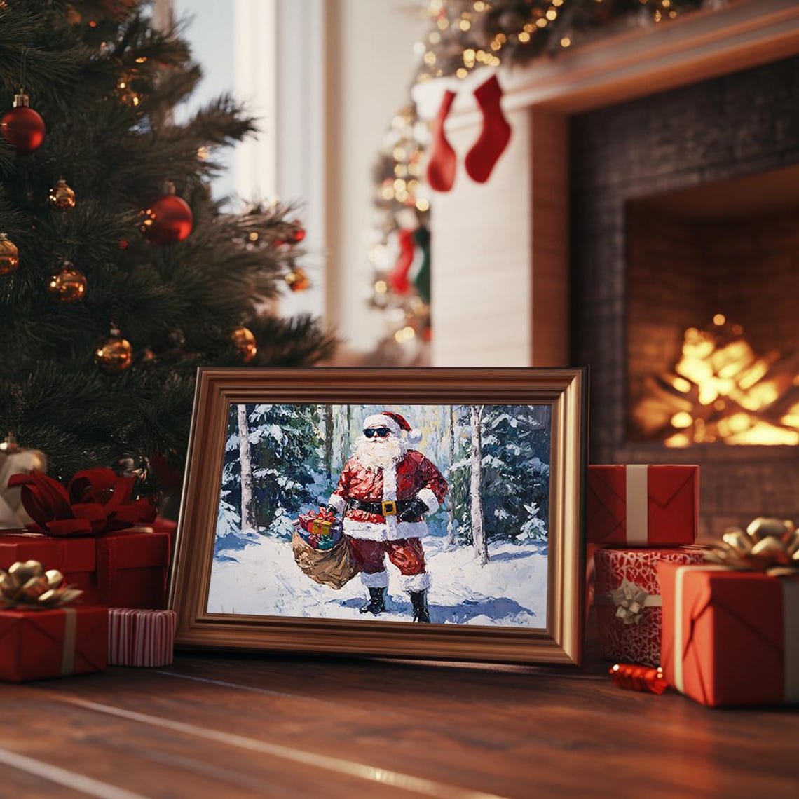 Cool Santa Sunglasses Gift Sack Snowy Forest Impasto Art Poster - Image 3