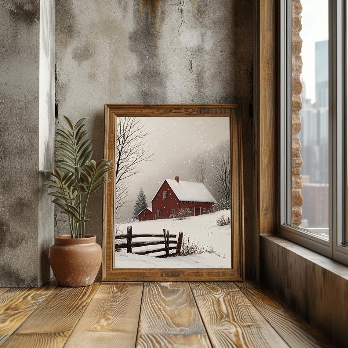 Red Barn In Snowy Winter Landscape Rustic Farmhouse Painting Poster - Image 3