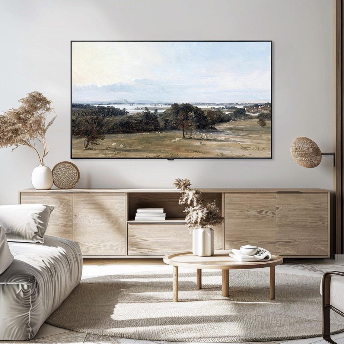 River Valley Sheep Meadow Distant Village Vintage Painting Poster - Image 5