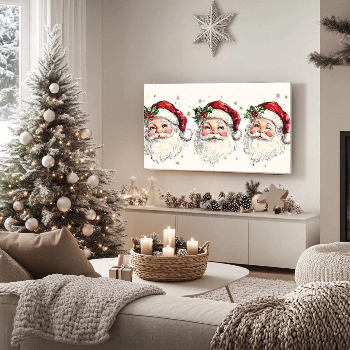 Vintage Santa Trio With Holly And Snowflakes Festive Christmas Poster - Image 5
