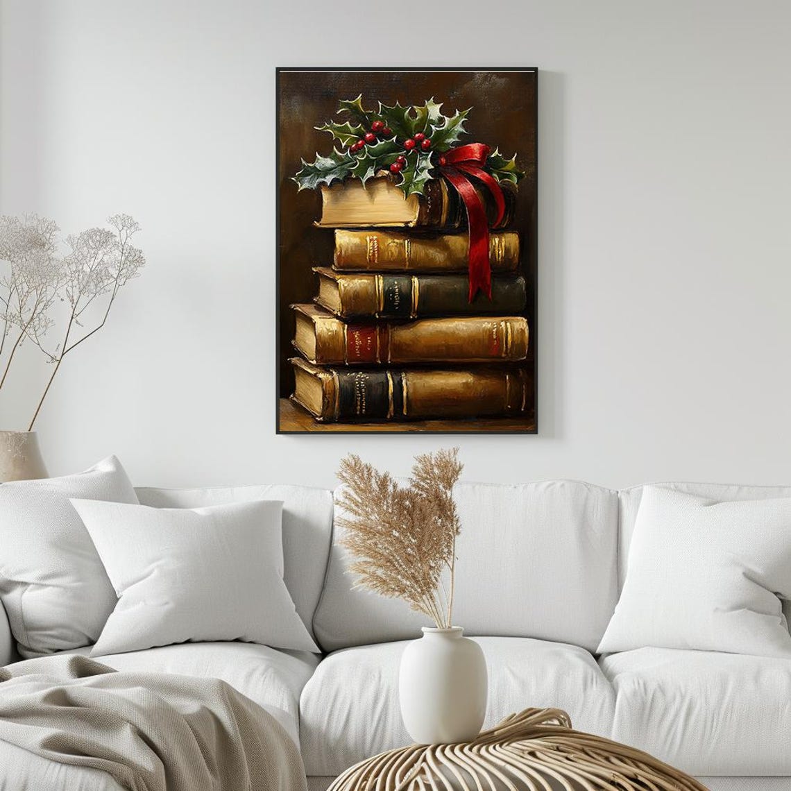 Vintage Books Stack With Holly And Red Ribbon Christmas Poster - Image 4