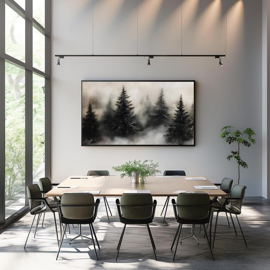 Misty Pine Forest in Fog Moody Black and White Nature Poster - Image 3
