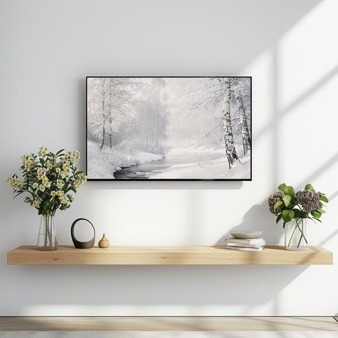 Snowy Birch Trees By Frozen Stream White Winter Nature Poster - Image 2