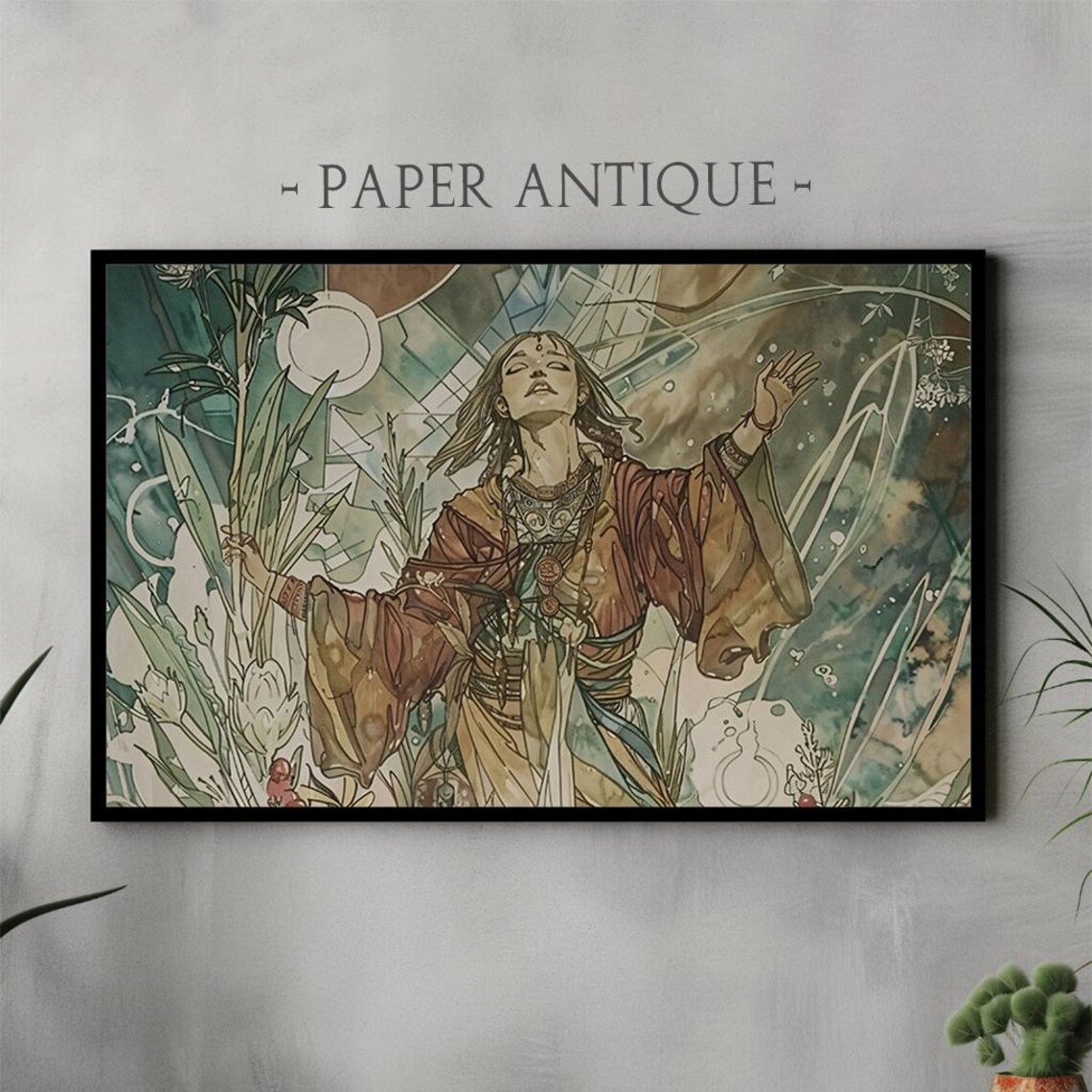 Art Nouveau Woman Flowing Robe Botanical Illustration Style Poster