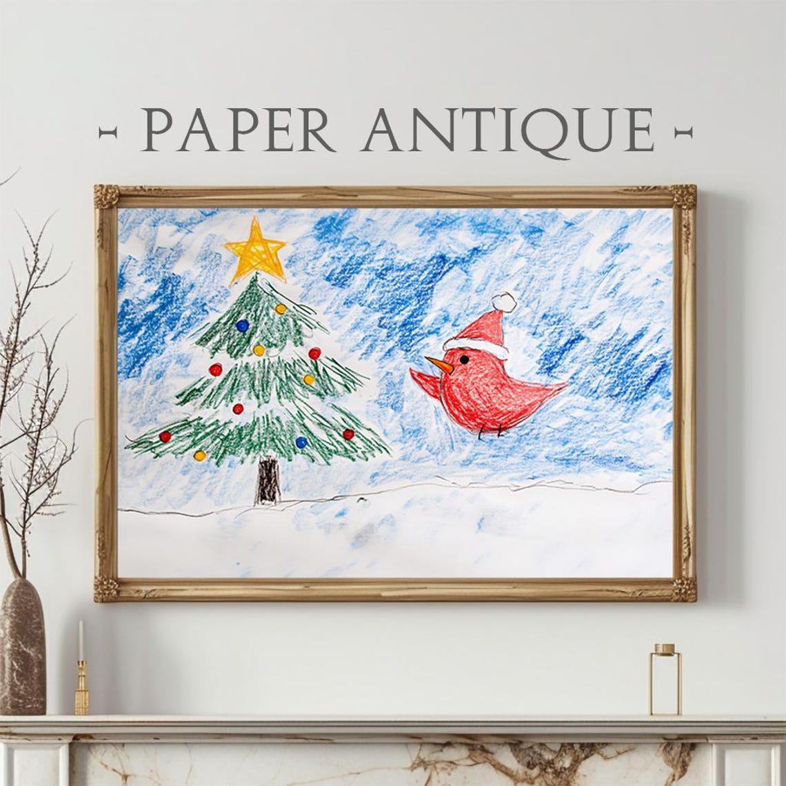 Crayon Santa Hat Bird Christmas Tree Cute Kids Drawing Poster