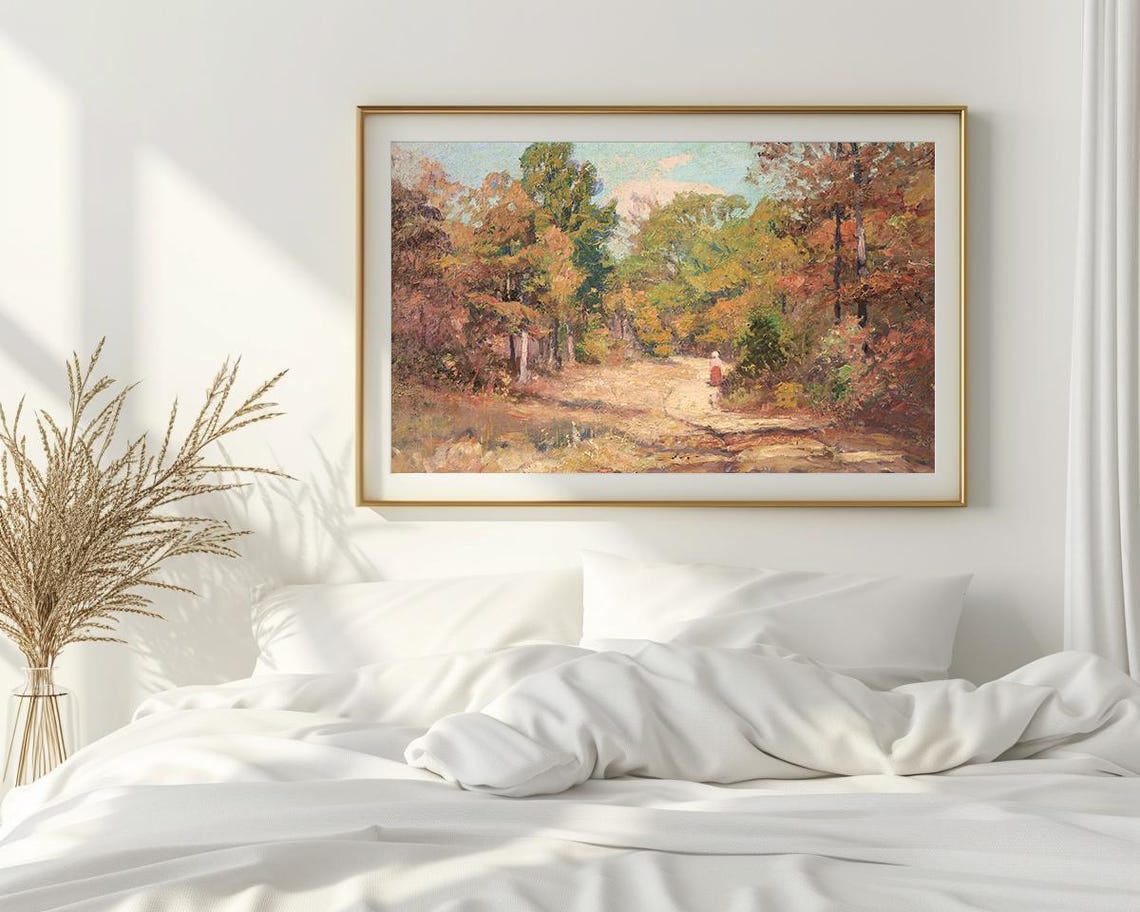 Autumn Woodland Trail Figure In Red Dress Fall Path Painting Poster - Image 2