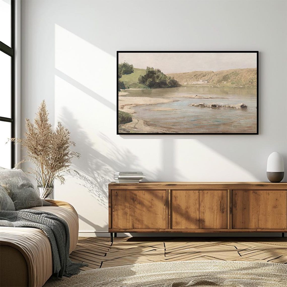 Quiet Riverbank Lake Hills Vintage Calm Water Landscape Poster - Image 4