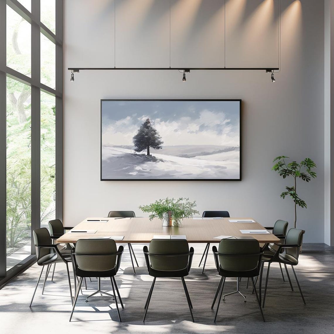 Lone Pine On Snowy Hillside Minimalist Blue Winter Panorama Poster - Image 3