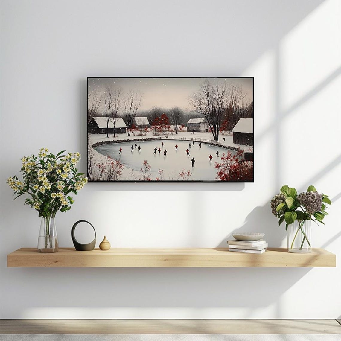 Frozen Farm Pond Ice Skaters Winter Landscape Rustic Painting Poster - Image 2