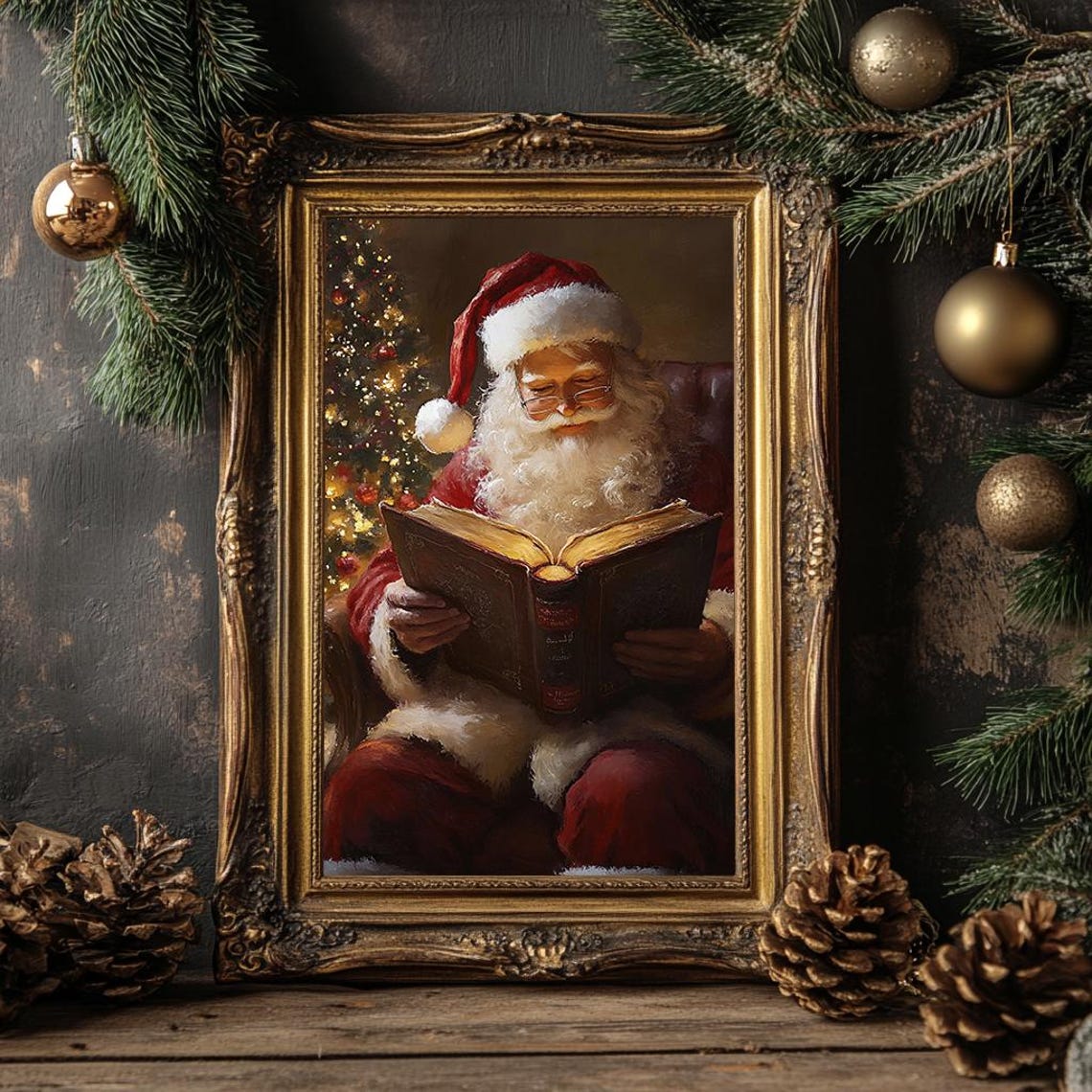 Santa Claus Reading Book By Christmas Tree Cozy Holiday Poster - Image 4