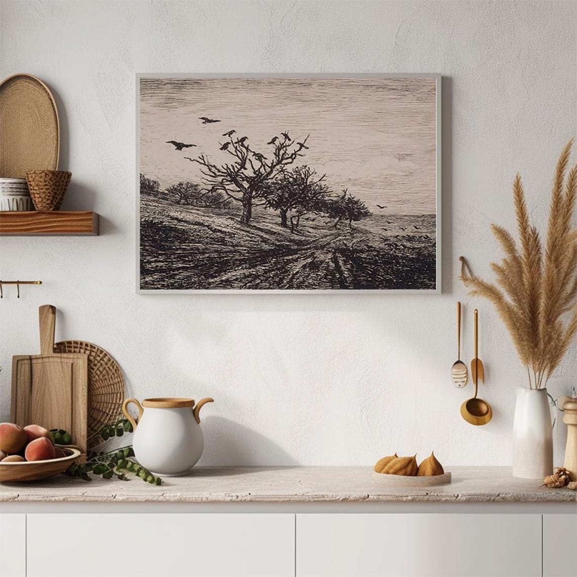 Birds On Bare Winter Tree Black Ink Sketch Etched Art Poster - Image 4