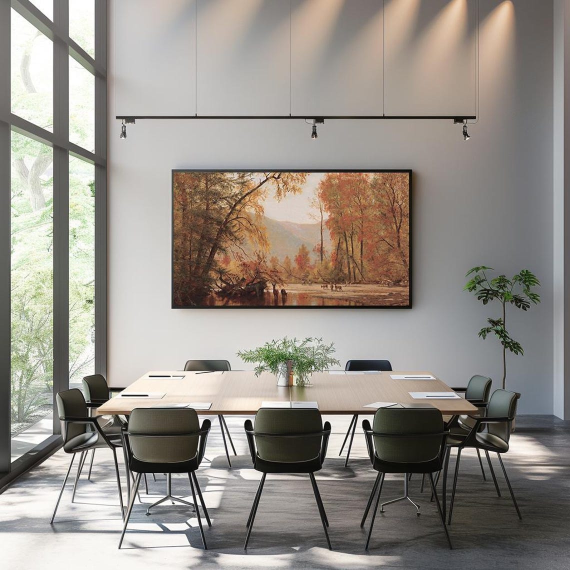 Deer Herd Autumn Riverbank Vintage Fall Wildlife Painting Poster - Image 3