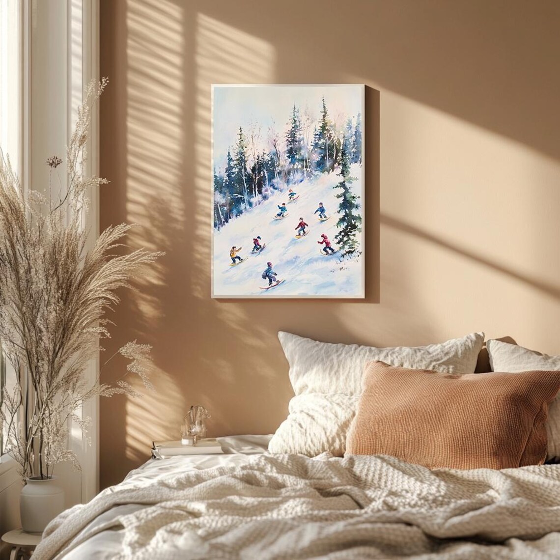 Kids Sledding Down Snowy Hill Watercolor Winter Scene Poster - Image 2