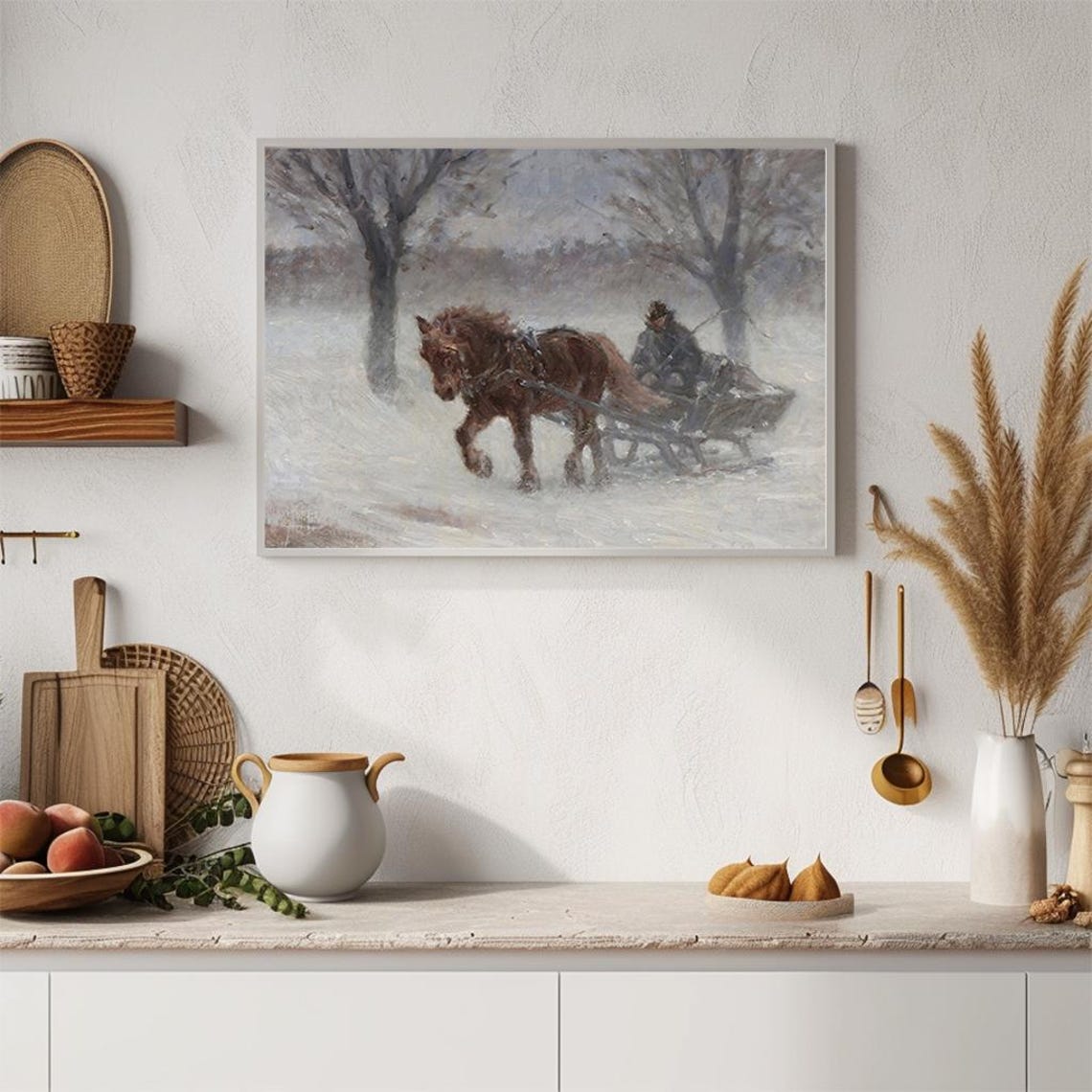 Horse Drawn Sleigh Snowstorm Winter Ride Vintage Oil Painting Poster - Image 4