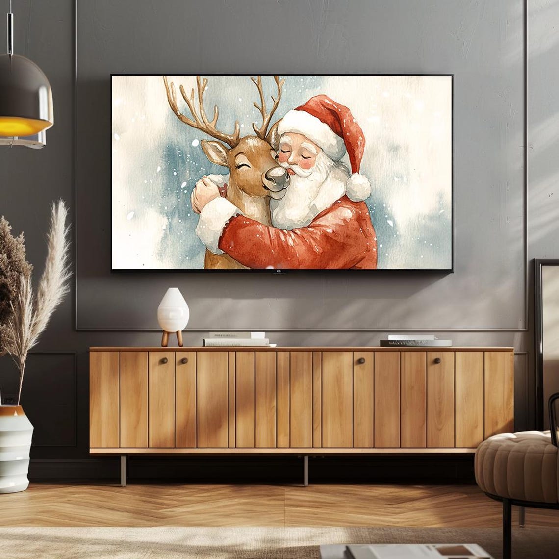 Santa Hugging Reindeer Watercolor Painting Whimsical Christmas Poster - Image 4