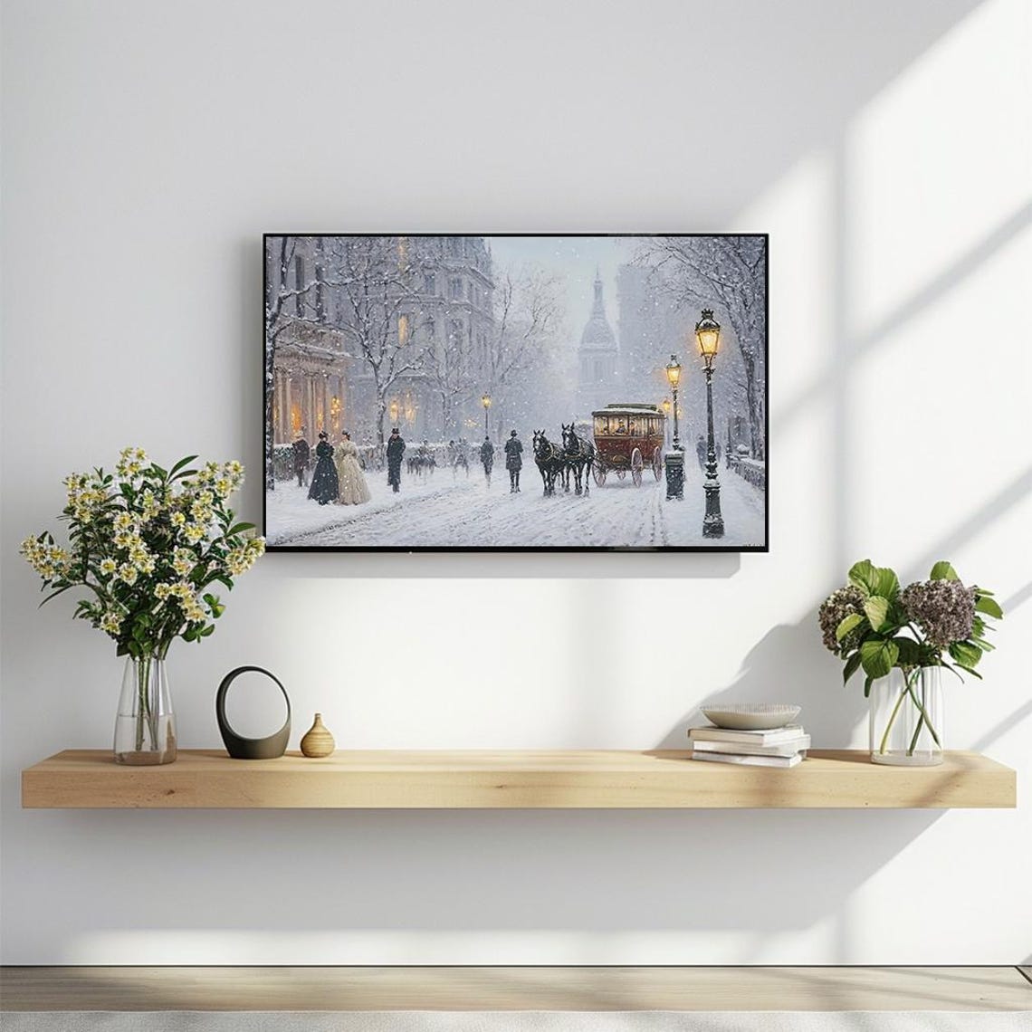 Victorian Winter Street Horse Carriage Snowy Evening Panorama Poster - Image 2