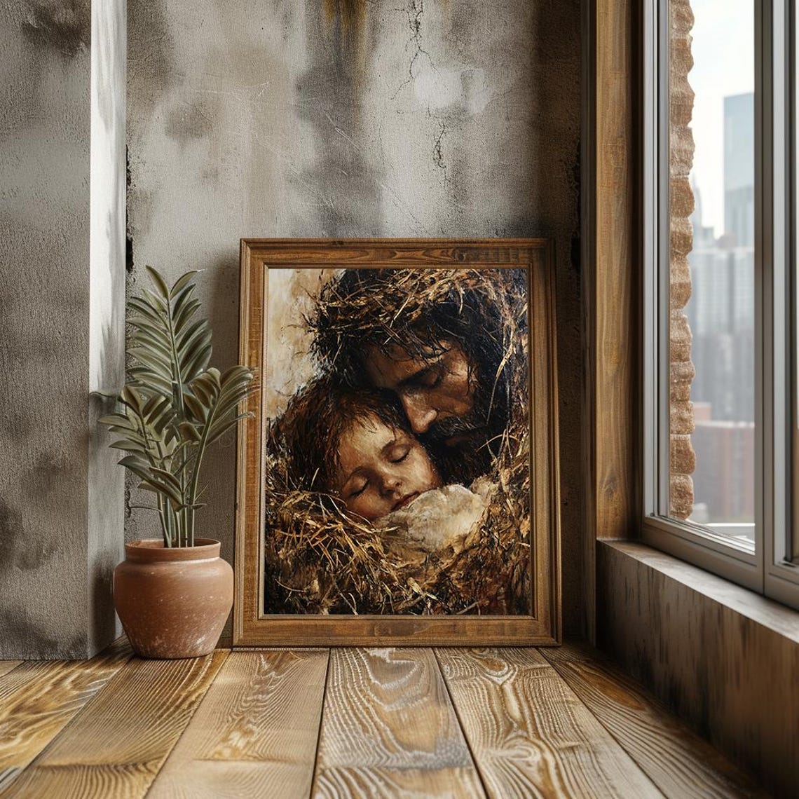 Saint Joseph Holding Baby Jesus Sleeping in the Manger Painting Poster - Image 3