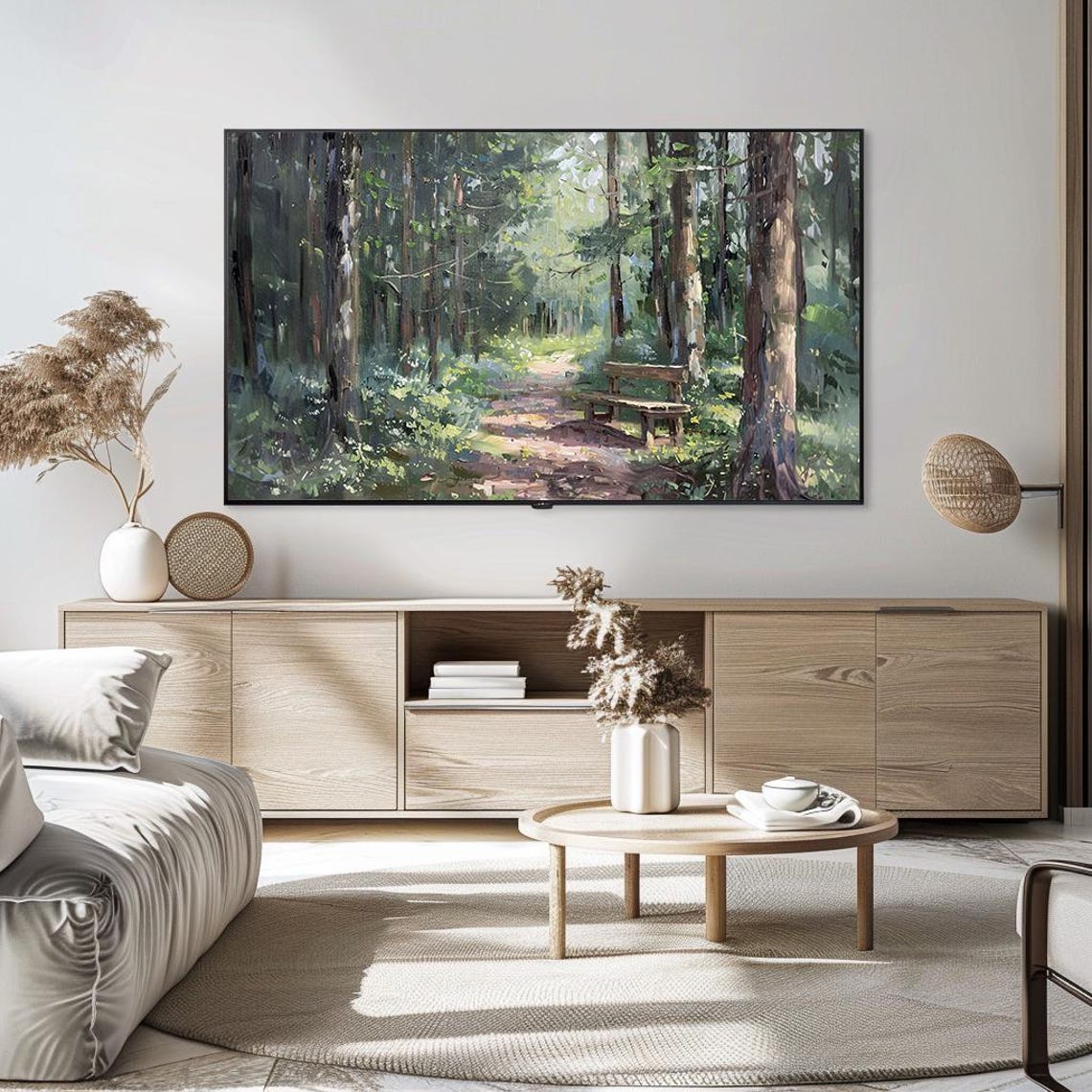 Sunlit Forest Path with Wooden Bench Impressionist Art Poster - Image 5