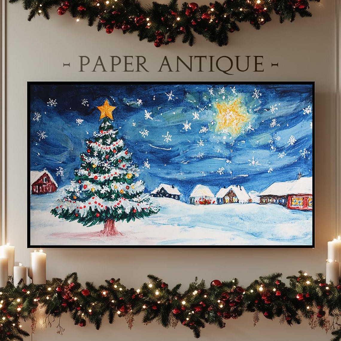 Christmas Tree in Snowy Village Hand Painted Starry Night Poster