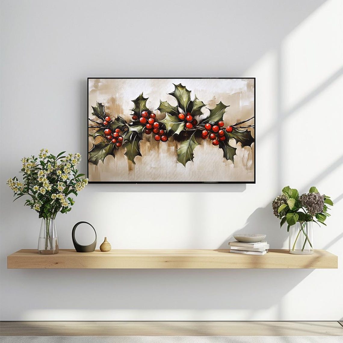 Christmas Holly Branches With Red Berries Rustic Botanical Wall Poster - Image 2