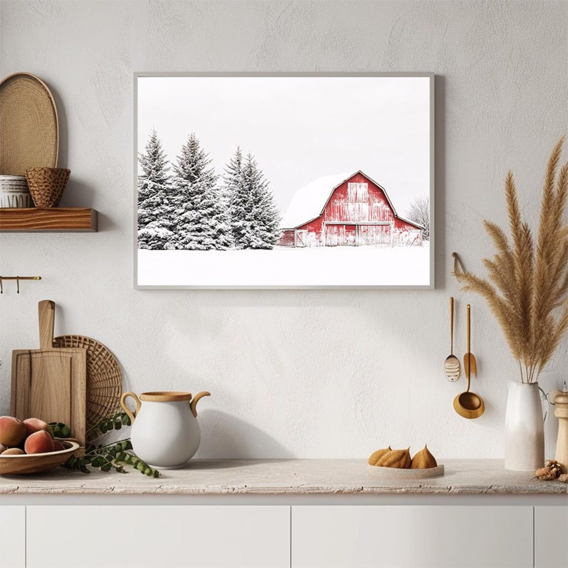 Red Barn In Snow Minimalist Winter Photography Snowy Pines Poster - Image 4
