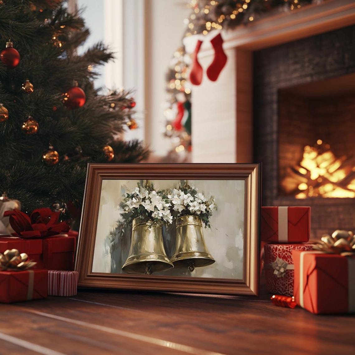 Golden Bells With White Flowers Elegant Oil Painting Christmas Poster - Image 3