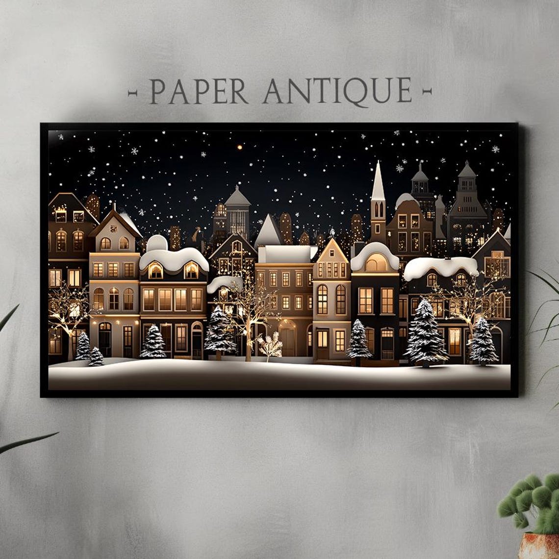 Festive Snowy Christmas Village Night Scene Warm Lights Poster