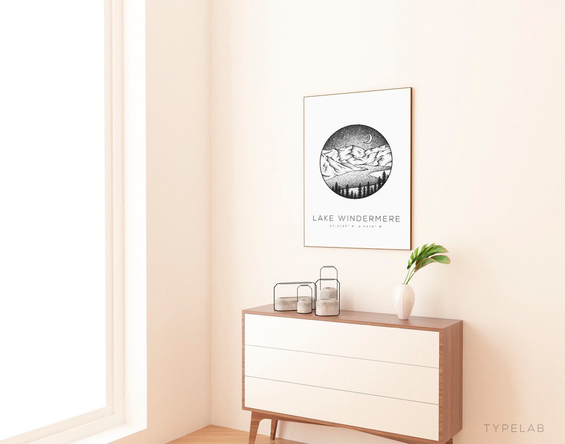 Lake Windermere Dotwork Travel Poster, Cumbria