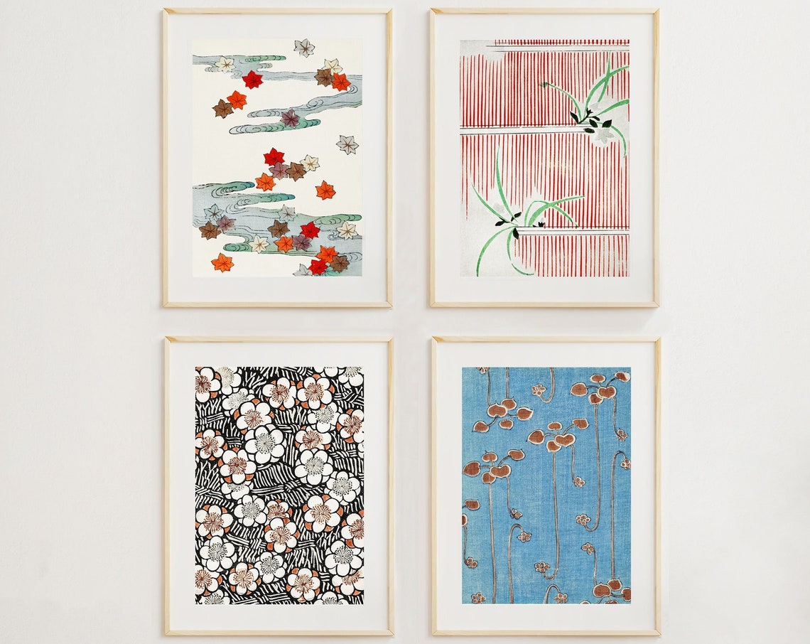 Set of Four Vintage Japanese Floral Pattern Gallery Wall Decor Print
