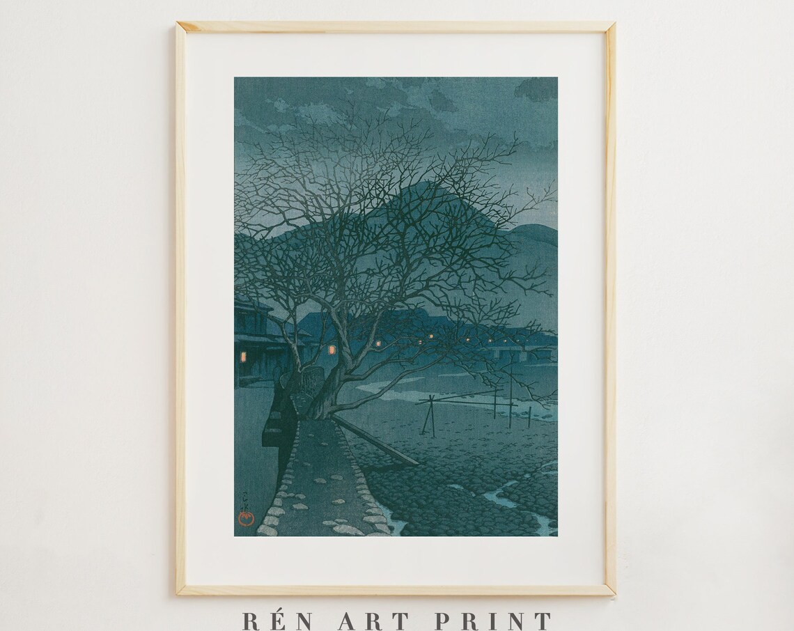 Japanese Woodblock Night Bare Tree Winter Water Moonlit Scene Poster