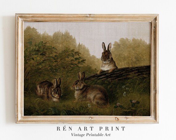 Vintage Rabbit Painting Art Print, Rustic Bunny