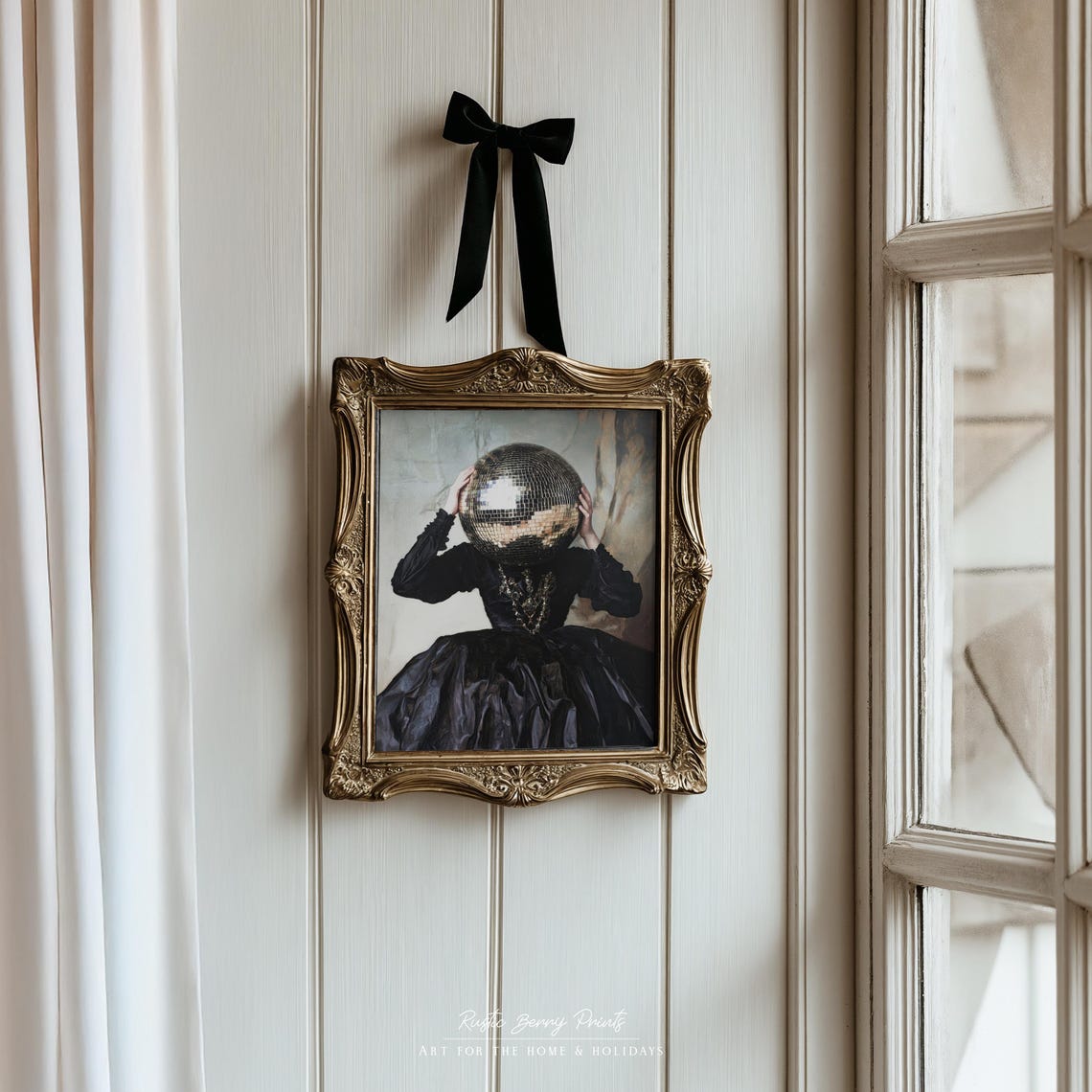 Black Gown Woman Disco Ball Head Mysterious Antique Art Print - Image 2