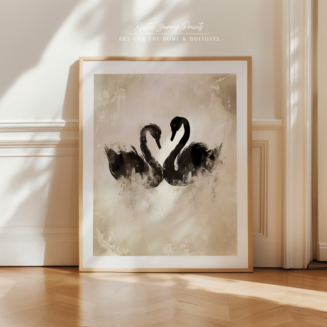 Two Black Swans Ink Wash Painting Minimalist Neutral Beige Wall Art - Image 2