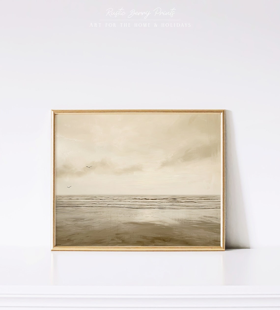 Minimal Sepia Seascape Calm Sea Tiny Birds Serene Neutral Art Poster