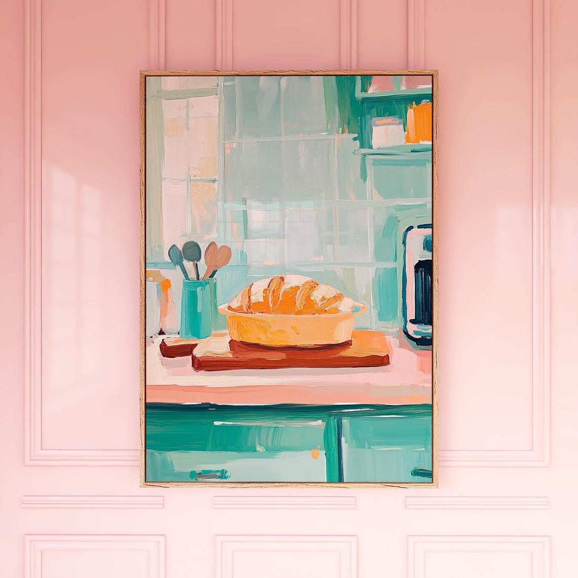 Artisan Fresh Bread Loaf Green Kitchen Still Life Painting Poster