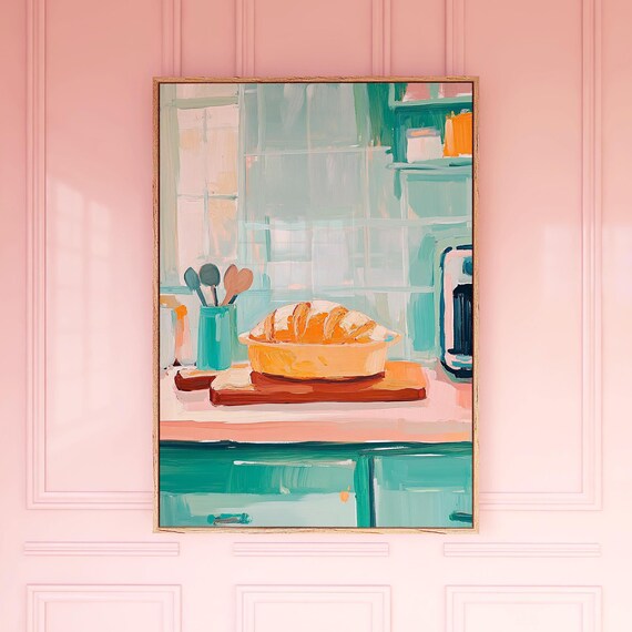 Artisan Fresh Bread Loaf Green Kitchen Still Life Painting Poster