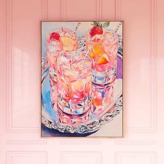 Pink Lemonade Cocktails Painting Silver Platter Summer Party Wall Poster