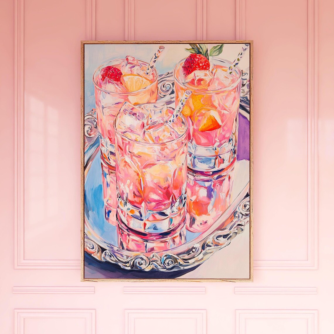 Pink Lemonade Cocktails Painting Silver Platter Summer Party Wall Poster