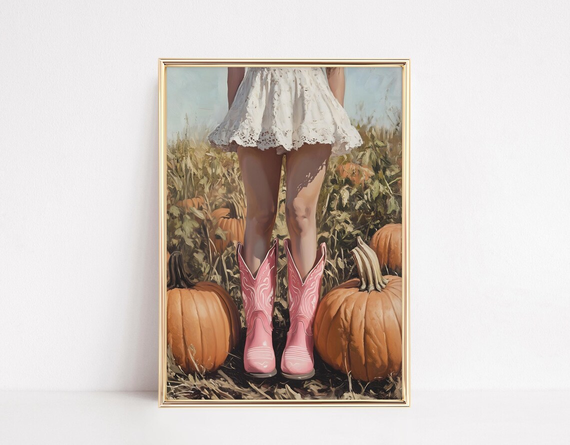 Pink Cowgirl Boots Pumpkin Field Fall Art Print