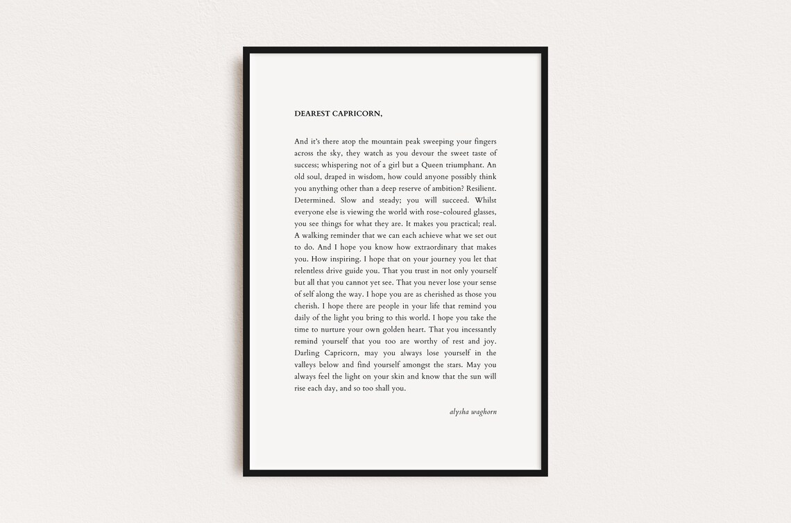 Dearest Capricorn Star Sign Letter Minimalist Typography Wall Art