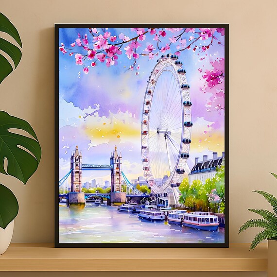 London Eye Tower Bridge Cherry Blossom Sunset Watercolor Poster