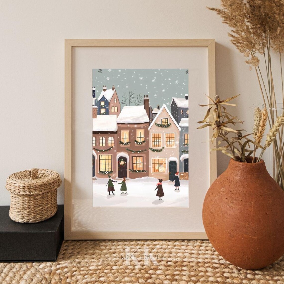 Cute Christmas Village Kids Playing in Snow With Garlands Poster - Image 2