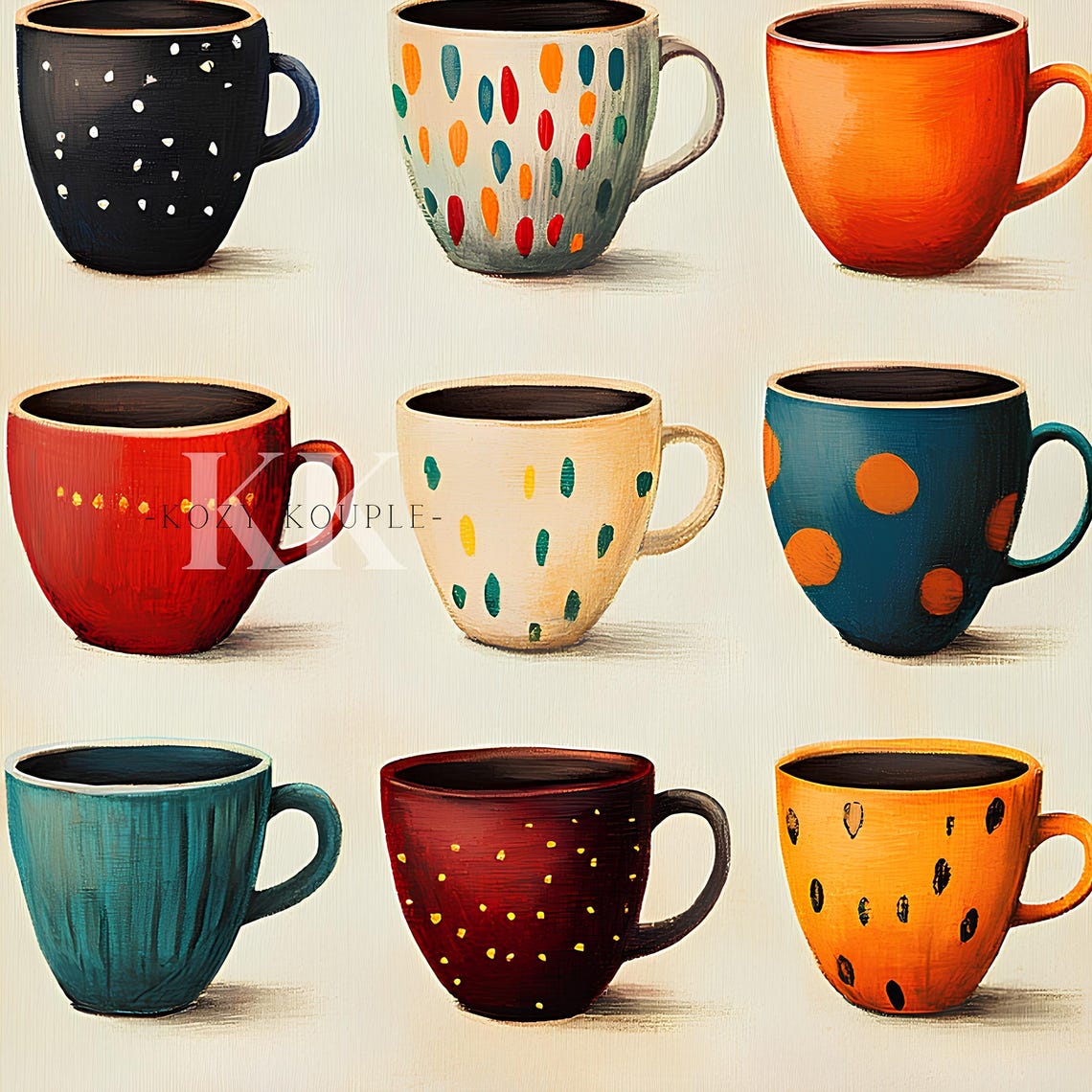 Nine Colorful Coffee Mugs Grid Retro Dotted Kitchen Wall Art - Image 3