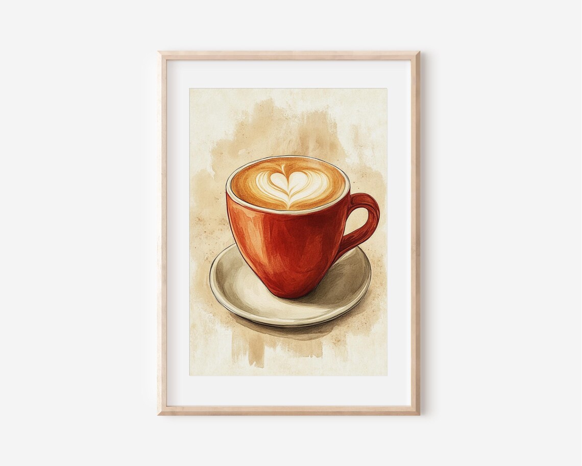 Red Coffee Mug Heart Latte Art Rustic Watercolor Coffee Poster