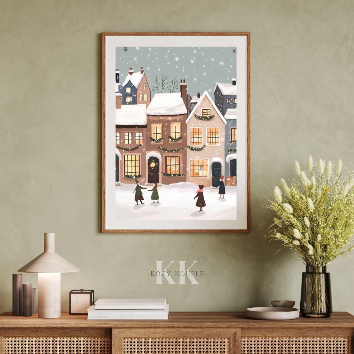 Cute Christmas Village Kids Playing in Snow With Garlands Poster - Image 3